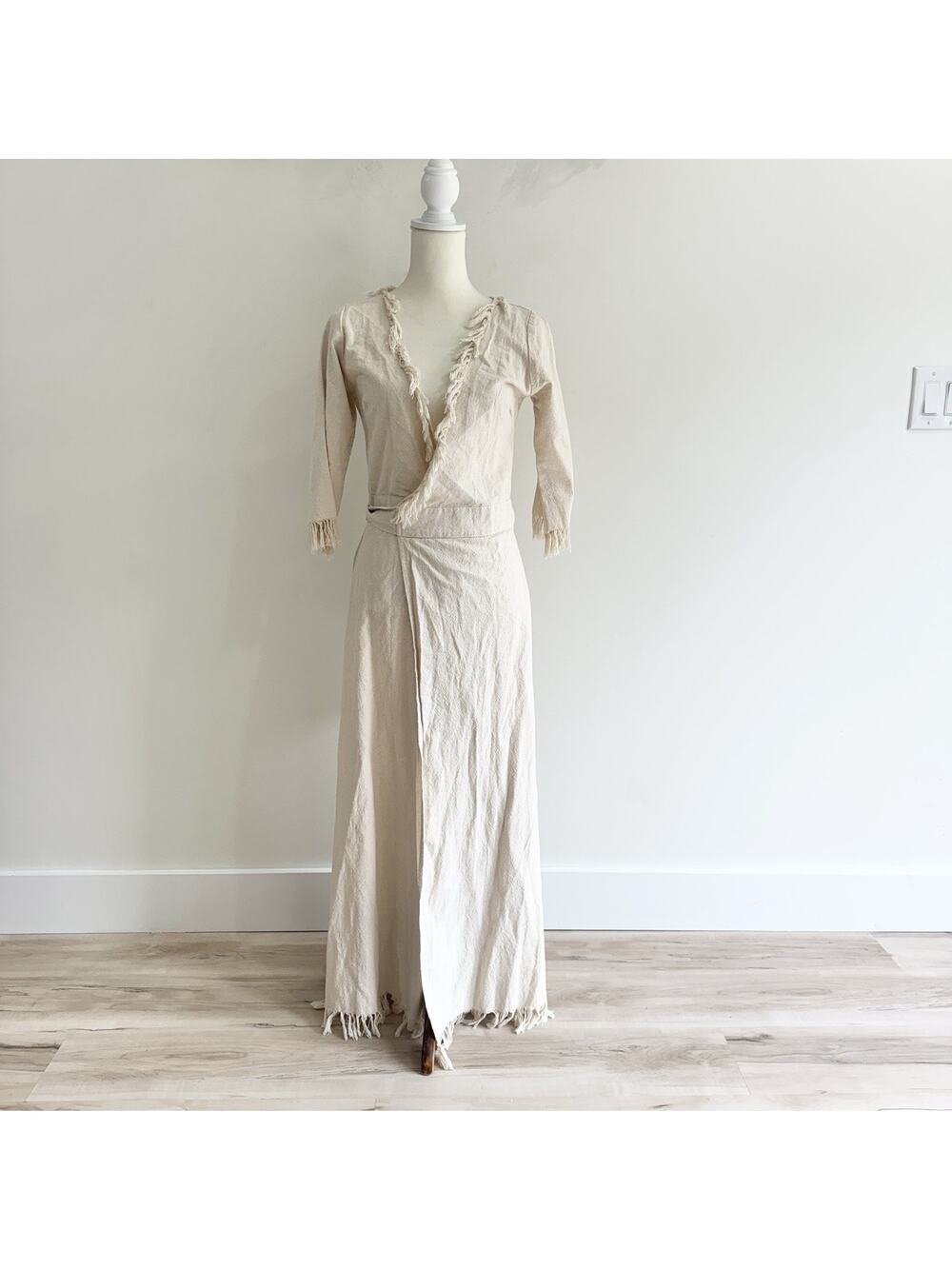 Chintamani Alchemi raw cotton kimono wrap Dress Beige Bohemian Fringe Small 4-52